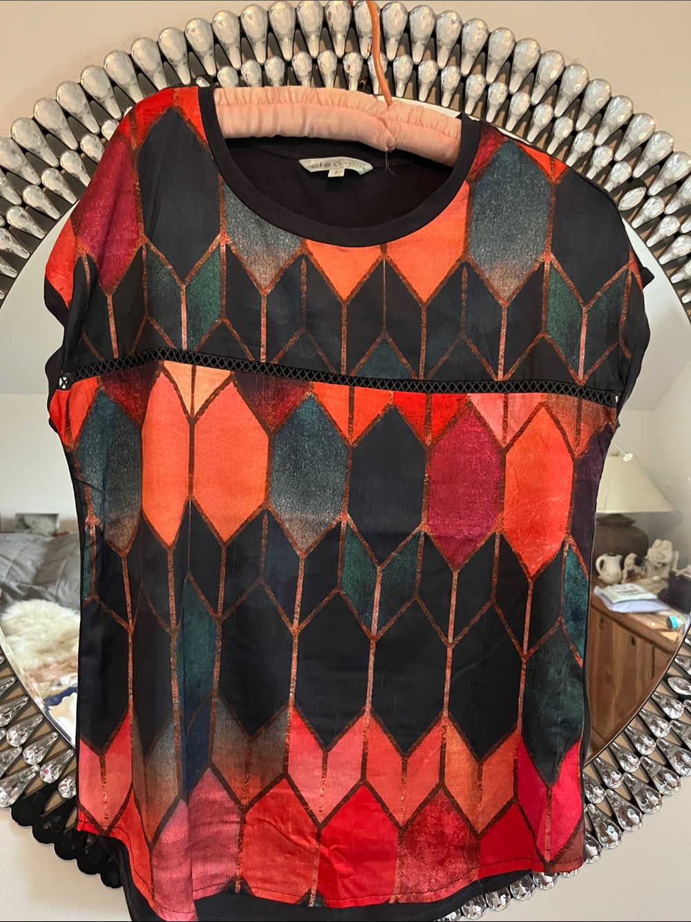 cleo Geometric Short Sleeve Blouse - Black, Red & Orange